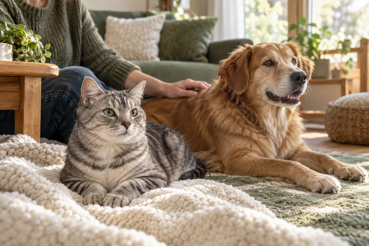 A tabby cat and a golden dog resting beside a caring person in a bright home.